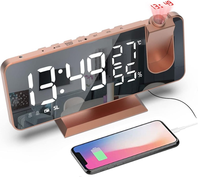 Mightree Projection Alarm Clock for Bedroom, Digital Alarm Clock with USB Charger, 7.4" Large LED Mirror Display Radio Alarm Clock, Dual Smart Alarm with Projection on Ceiling, Rose Gold - Image 1